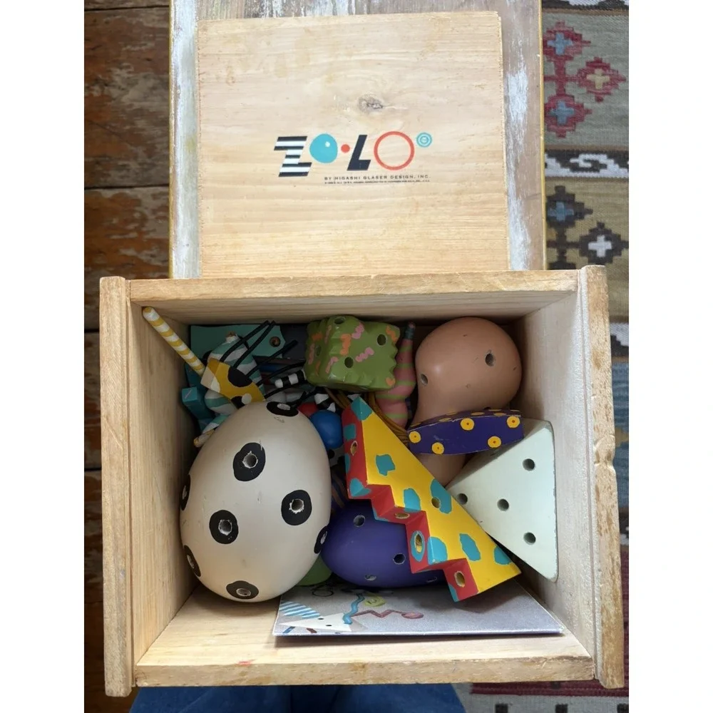 Vintage wood box play set art blocks sculpture Zolo Higashi Glaser 1986 36 piece